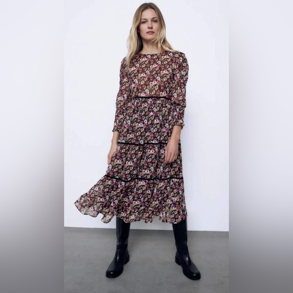Zara Pink & Black Floral Printed Midi Dress